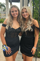 Misshow Sparkly Black Cold Shoulder Corset Tight Short Homecoming Dress/Mini Dress